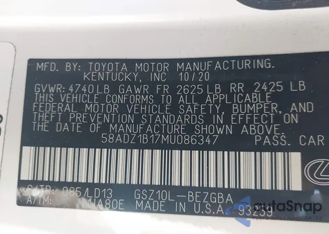 2021 Lexus Es 350 из США, поврежденный, VIN 58ADZ1B17MU086347